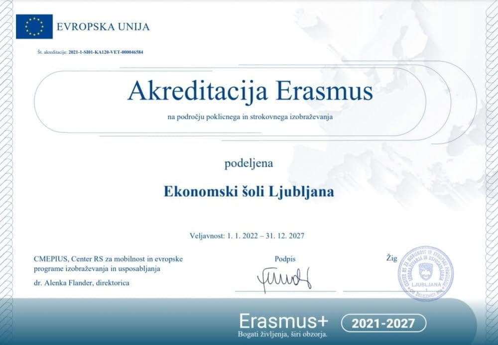 Erasmus+ - akreditacija - Ekonomska šola Ljubljana